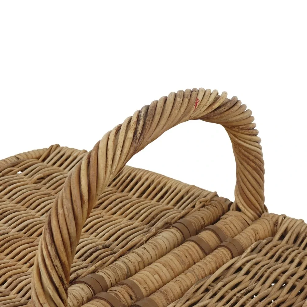 Vintage French Country Wicker Picnic Basket Double Bottom Rattan Hinged Lid